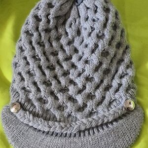 Calvin Klein Gray Knit Beanie with Button Accents Newsboy Style OS